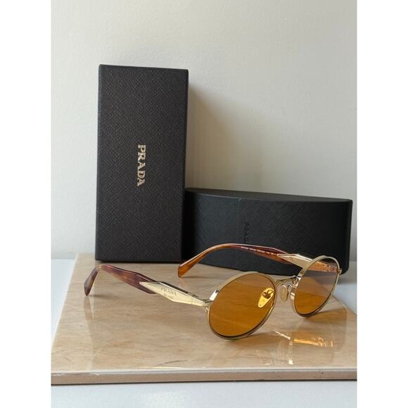 NEW Prada PR65ZS Oval Sunglasses in Gold Orange Tint - Picture 3 of 5